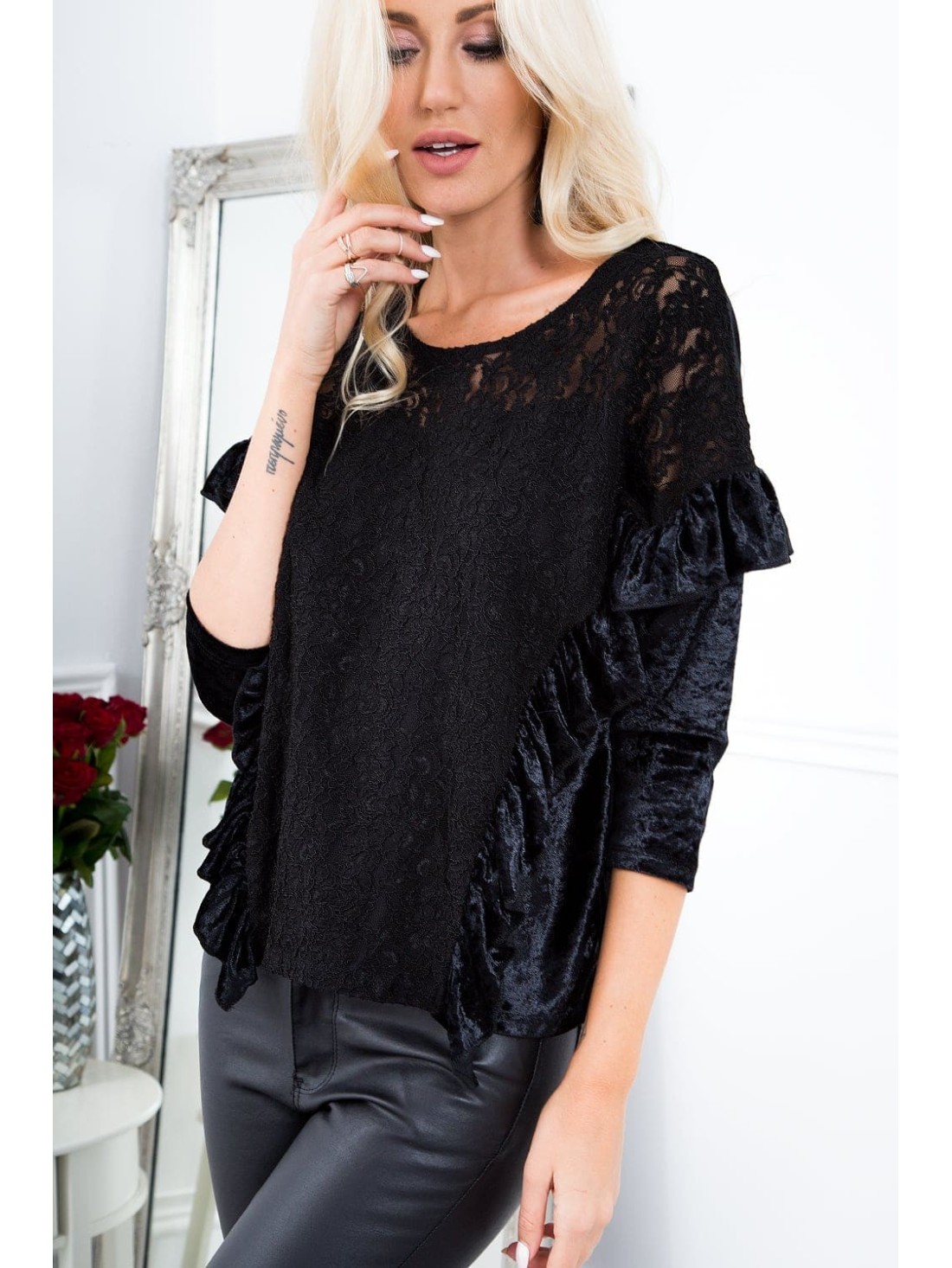 Blouse with lace made of crushed velor, black MP28514 - Online store - Boutique